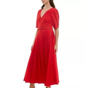 Red pleated fit & flare dress from Taylor, cinched by a belted waist